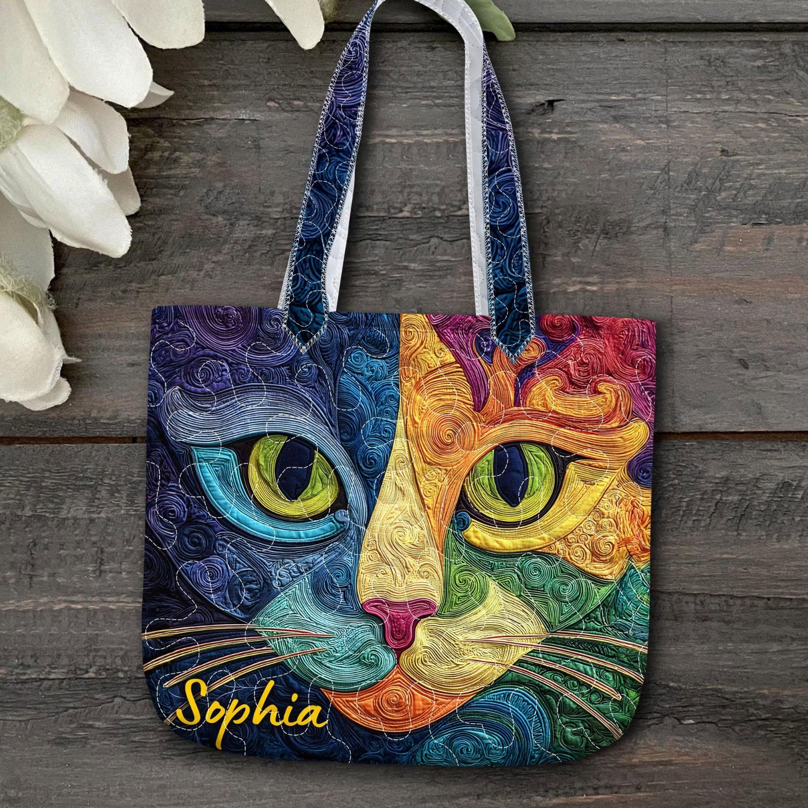 Colorful Swirl Cat Quilted Tote Bag Rainbow Face Artistic Gift Handbag Lover 202