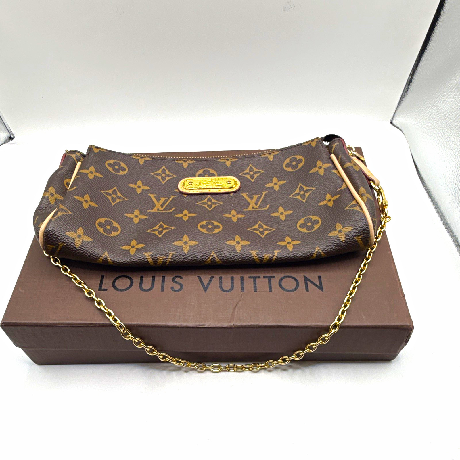 Louis Vuitton Monogram Zip Pochette Brown Gold Chain Strap Lined w/ Box