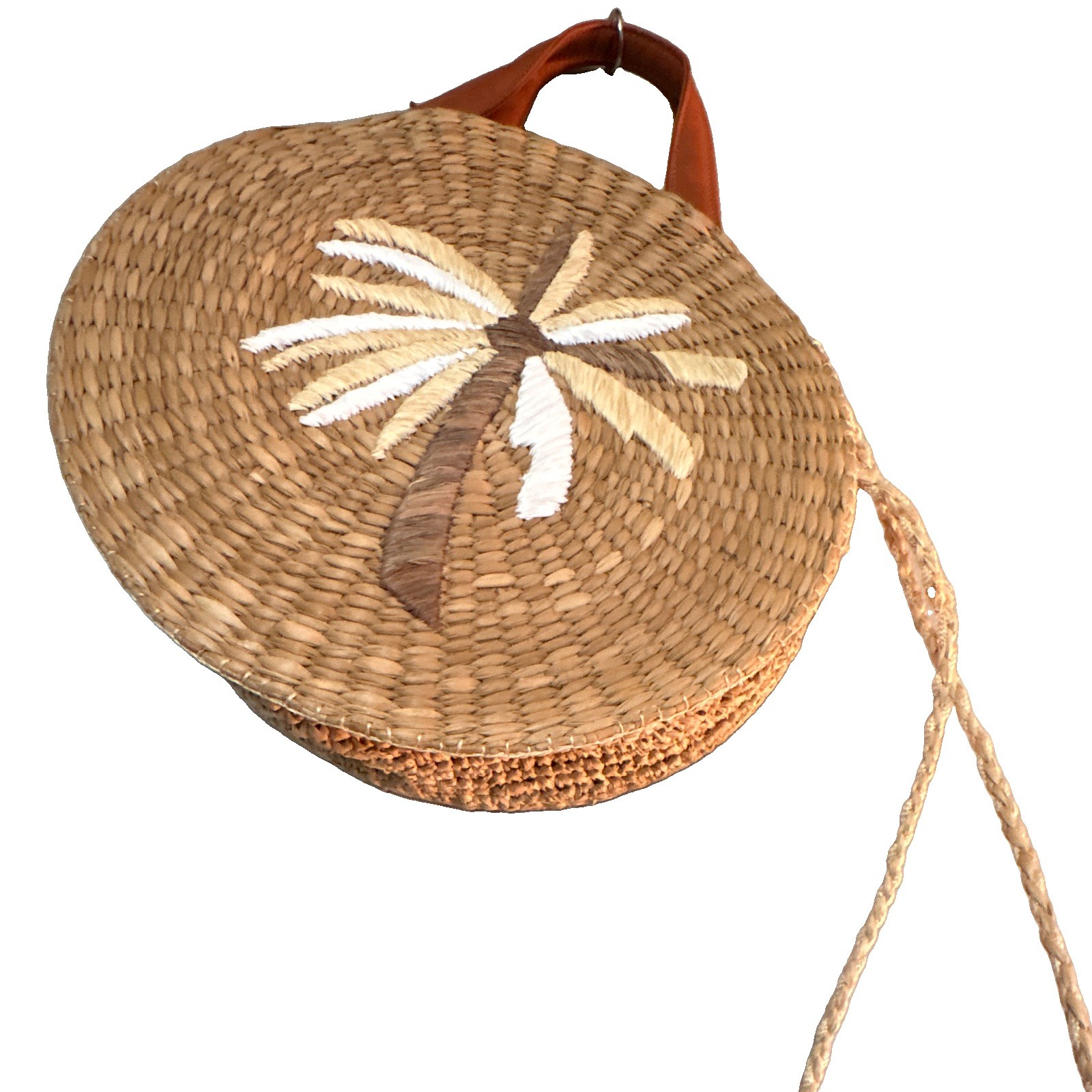 Round Woven Crossbody Bag Beige, Embroidered Palm Tree, Brown Strap, Lined