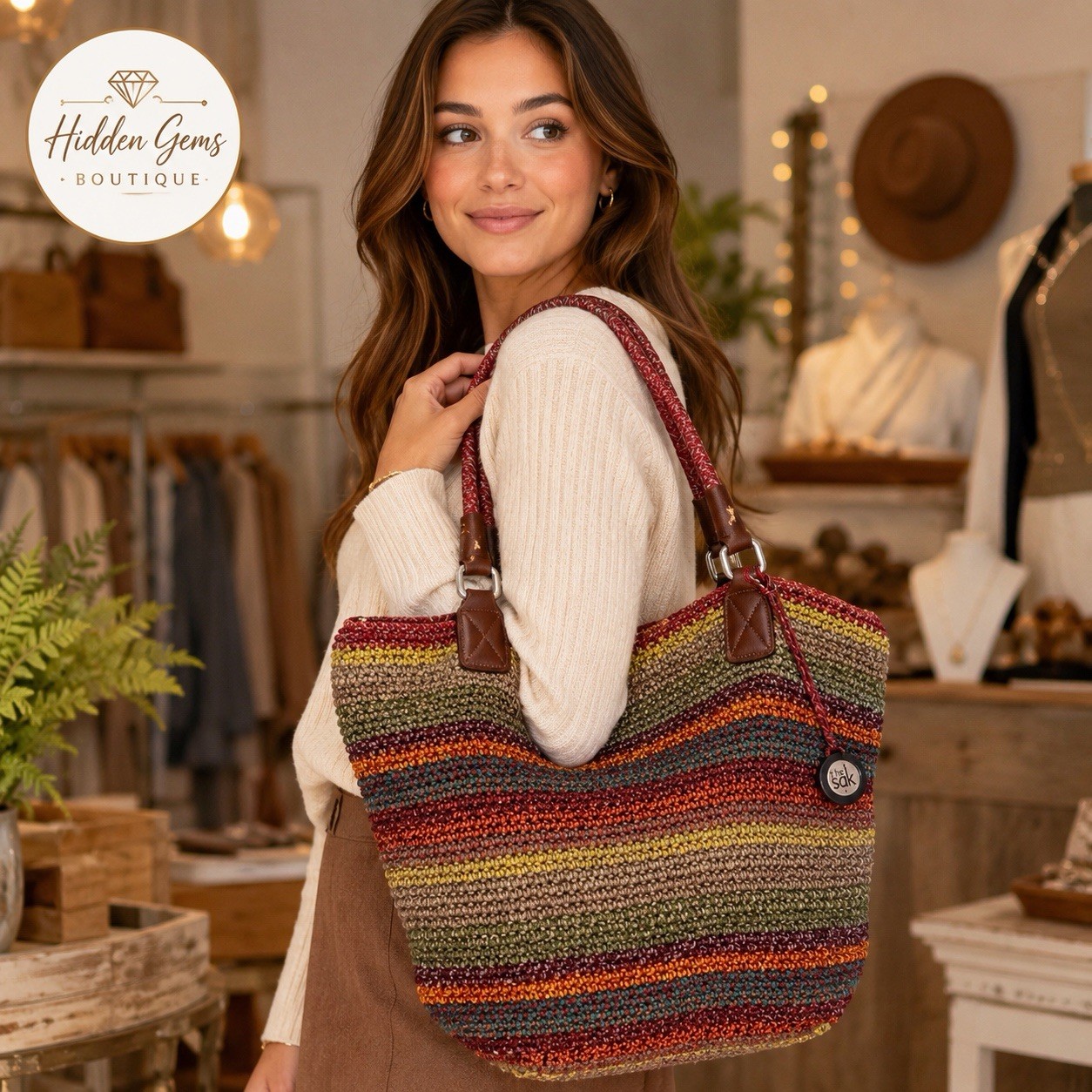 The Sak Striped Multicolor Shoulder Bag Zip Lined Inner Pockets Logo Charm